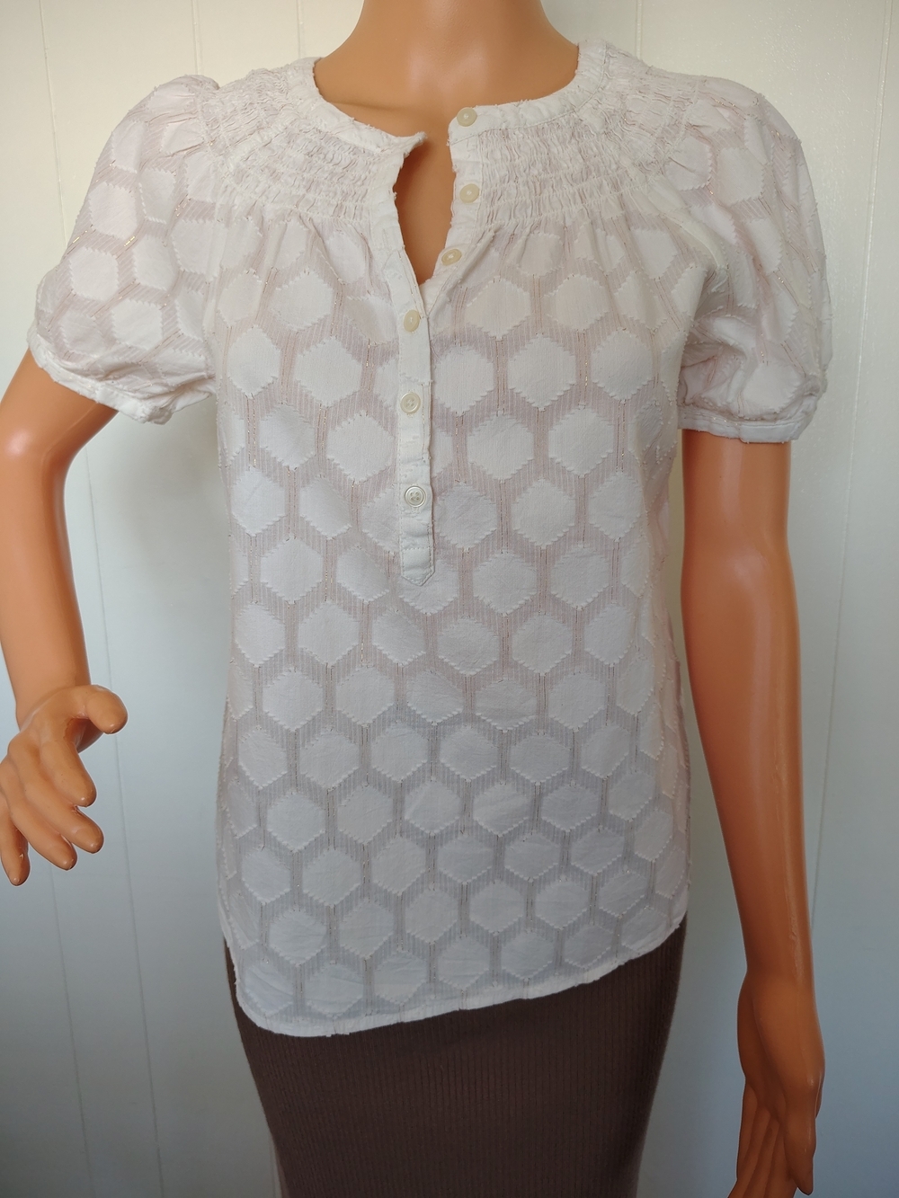 Loft Beige Puff-Sleeve Smocked Yoke Top Size XXS.